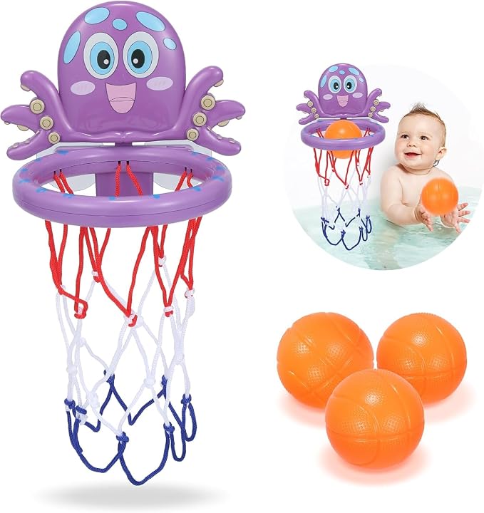 Bath Toys - Basketball Hoop Set Bathtub Toys for Toddlers Ages 1-3, Mini Basketball Hoop Toddler Bath Toys for Kids Ages 3-5,with Strong Suction Cup & 3 No Hole Balls, Sensory Toys (Purple)