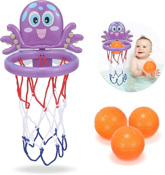 Bath Toys - Basketball Hoop Set Bathtub Toys for Toddlers Ages 1-3, Mini Basketball Hoop Toddler Bath Toys for Kids Ages 3-5,with Strong Suction Cup & 3 No Hole Balls, Sensory Toys (Purple)