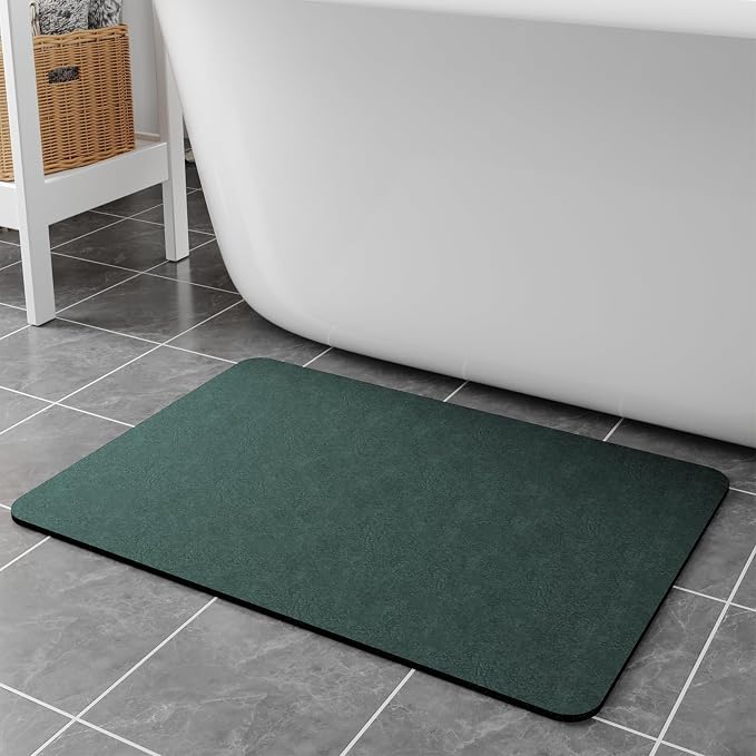 Bath Mat Rugs 24x17 - Diatomaceous Earth Bath Mat Quick Dry Absorbing Bathroom Rugs Rubber Non Slip Thin Bathroom Mat Fit Under Door, Dark Green