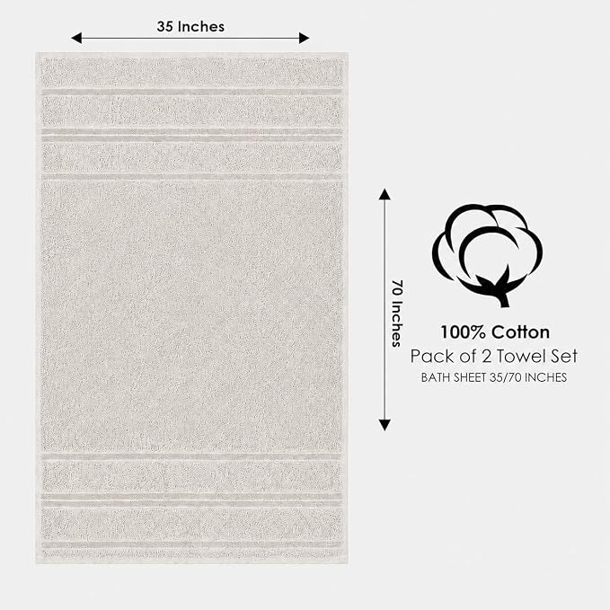Terry Bath Sheet Set of 2 Cream Bath Towels Set 35x70 Inches, 100 Combed Long Staple Cotton Highly Absorbent Ultra Soft Oversized Large Luxury Hotel & Spa Quality Bathroom Towels Set