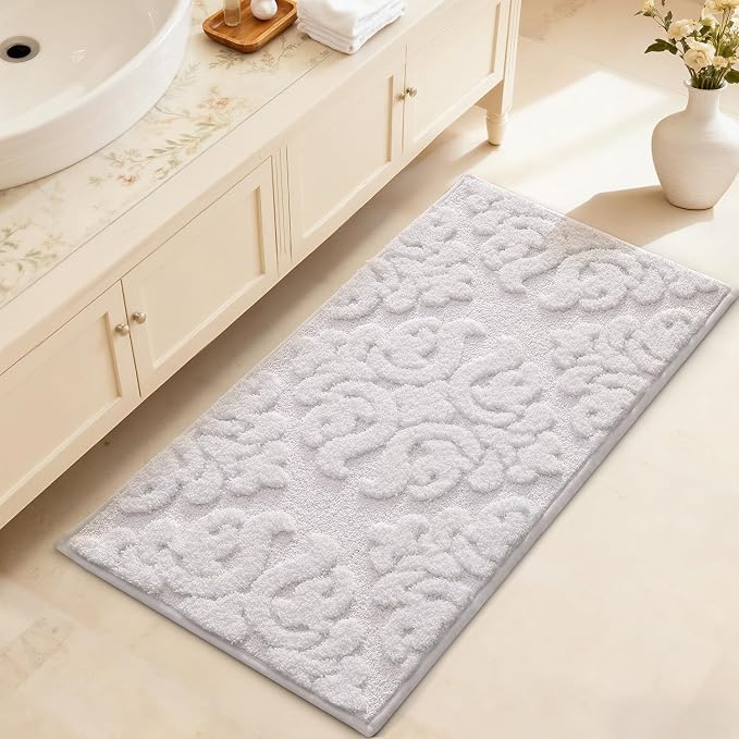 LUMI Bathroom Rugs Non Slip Rubber Backing, Ultra Soft Microfiber Bath Mat Machine Washable, Elegant Floral Bath Rugs for Shower Floor, Bathtub, Sink, 24x36, White