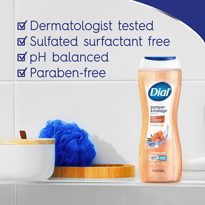 Dial Body Wash, Hydraclean Complex & Vitamin E, Gentle, Leaves Skin Feeling Nourished, Dermatologist-Tested, No Parabens & Sulfates, Pamper & Indulge, Silk & Seaberry, 16 fl Oz (Pack of 4)