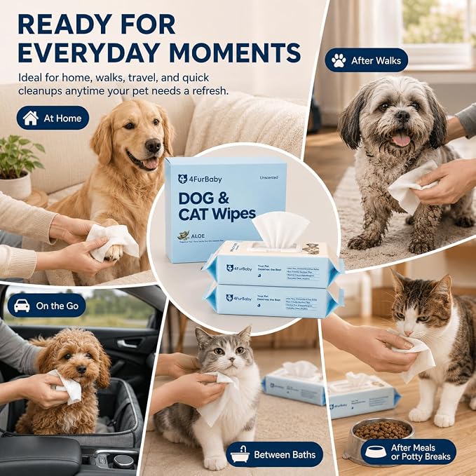 8" x 8" Dog Wipes for Paws and Butt, Unscented, 400 Count | Hypoallergenic and hydrating pet grooming wipes for dogs, cats, and daily care.