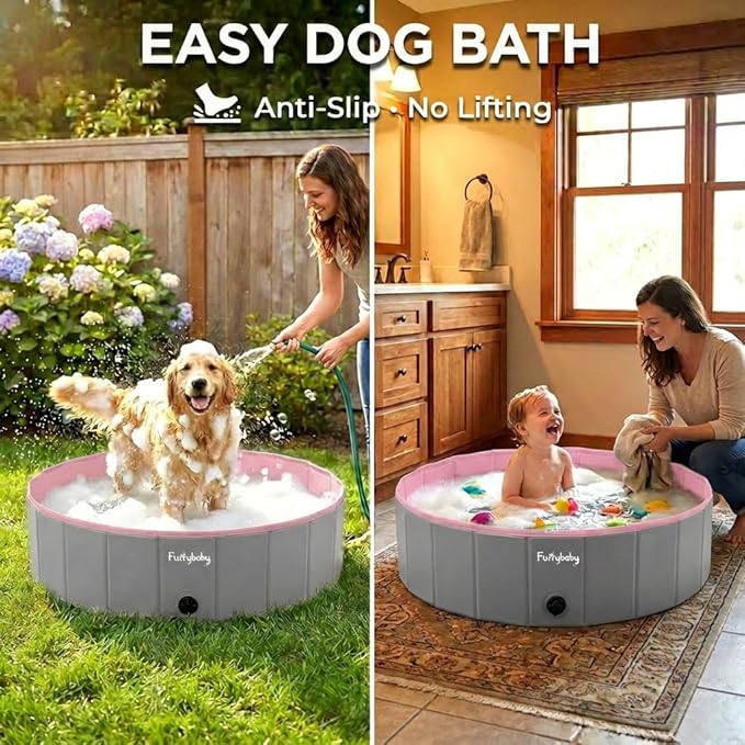 Furrybaby Dog Pool, Kiddie Pool with Hard Plate Collapsible Pet Bath Foldable Swimming Pet Pool Portable Pink 39''
