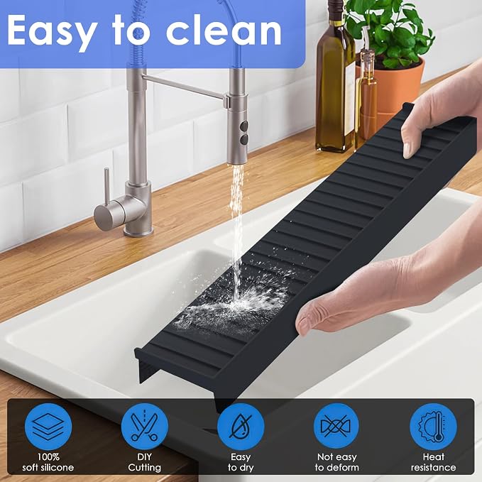 Adorila Silicone Sink Edge Protector Splash Guards, 6" x 20" Splash Guard for Bathtub & Kitchen Sink (Black)