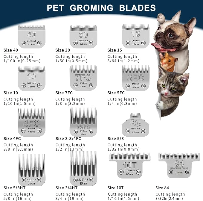 Dog Grooming Blade kit,Compatible with Andis/Oster A5,Wahl KM10 | Stainless Steel Blade,Include Size 40+10+30+15+7FC+5FC+4FC+3FC+5/8HT+3/4HT+T84+T10+5/8N Toe Blade,13 Pack