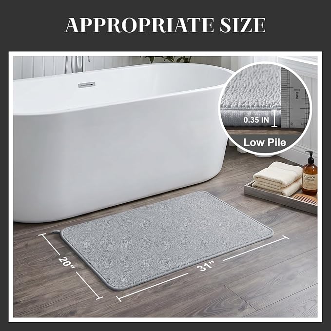 MontVoo Super Absorbent Bath Mat, Low-Profile Bathroom Rug, Breathable Quick Dry Bathroom Mats for Floor, Machine Washable Thin Bath Rug for in Front of Sink Bathtub,Outside Shower, Grey, 20"x31"