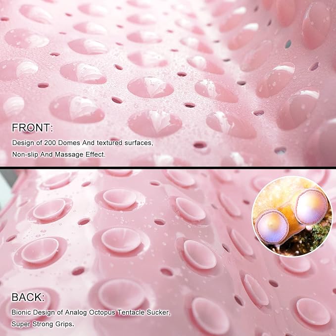 TEESHLY Bath Tub and Shower Mats, Non-Slip 39 x 16 Inch Extra Long Bathtub Mat, Machine Washable BathMat with Drain Holes, Suction Cups for Bathroom (Opaque Pink)