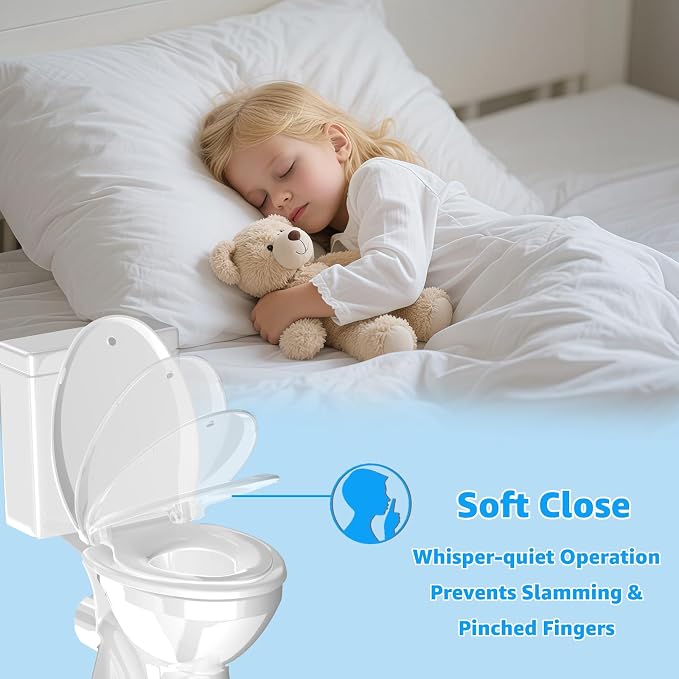 Huttdmel Elongated Toilet Seat with Toddler Seat Built In,2 in 1 Adult & Child, Soft Close, Magnetic Child Seat,Top & Bottom Mount,Never Loosen Hinges, Fits Standard Elongated Toilets 18.5'', White