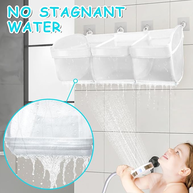 Bath Toy Storage and Organizer – 3-Compartment Hanging Bathtub Toy Holder with Bottom Zipper, Quick-Drying Mesh Bag, Ideal Bath Toy Holder for Easy Access and Sorting of Toys