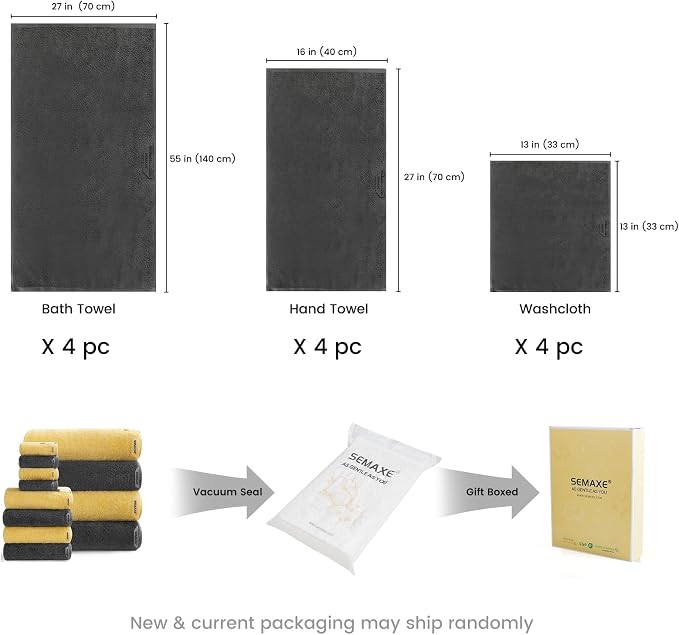 12-Piece Cotton Bath Towel Set with Hanging Loops for Bathroom, Yellow&Gray | Balanced towel set for family showers, sink-side use, guest baths, and wash-day rotation, OEKO-TEX certified, easy care