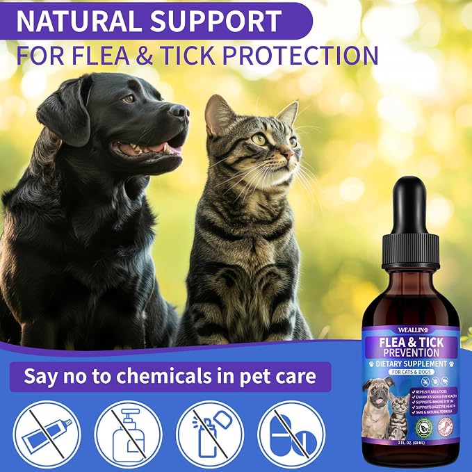 WEALLIN Flea and Tick Support for Dogs and Cats Natural Flea Treatment Drops with Multivitamin for Pets Oral Flea & Tick Prevention for Dogs and Cats Flea Herbal Drops for All Breeds and Ages