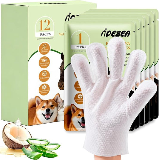 Thick Pet Glove Wipes for Dogs & Cats - Easy Wipe Paws, Eyes, Ears, Butt, & Body - Lick-Safe for Cats & Dogs(12 PCS)