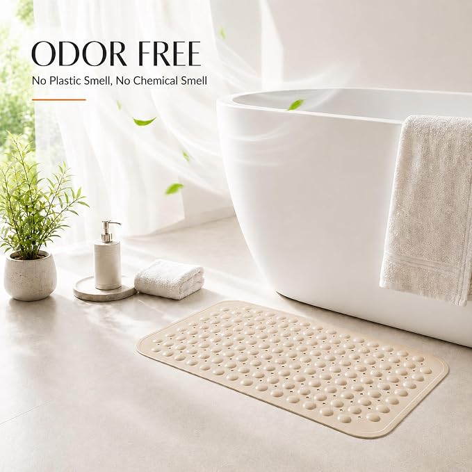 Bathtub Mat Non Slip, No Smell TPE with Suction Cups, Beige,27.5’’ x 16’’ | Soft shower bath mat with quick-drain holes and machine-washable care for clean, smooth tub surfaces; light and easy to lift.