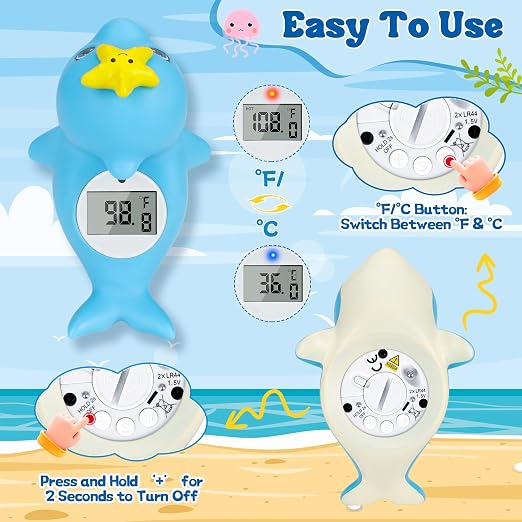 Baby Bath Thermometer, Dolphin Floating Water Thermometer with Safety Alert | Floating dolphin design | IPX7 waterproof | Hot & cold safety alert | Fast digital reading | Ideal for newborn bath time
