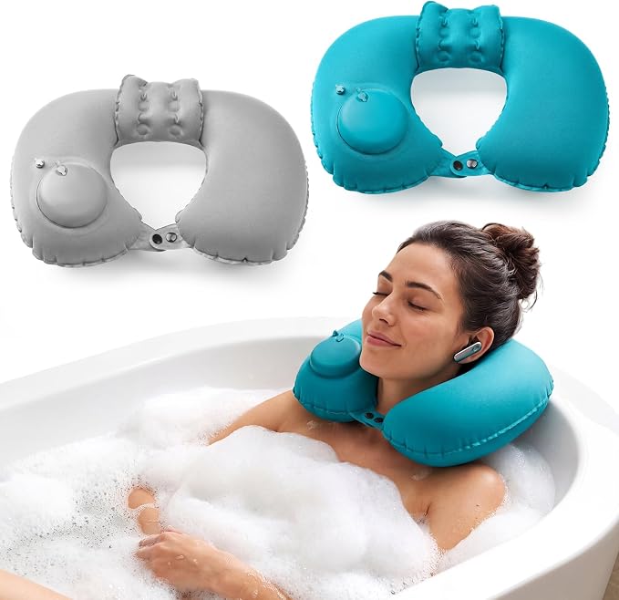 Colingmill 2 Pcs Inflatable Bath Pillows for Tub, U-Shaped Neck & Head Support Cushion, Portable Blow Up Travel Neck Pillow with Adjustable Button for Airplanes & Home Spa(Grey, Peacock Blue)