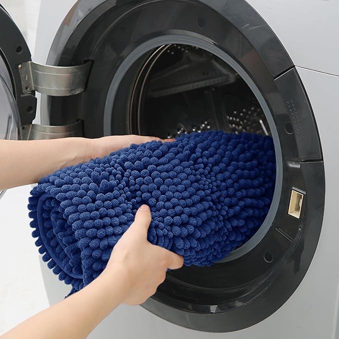 Striped Denim Blue Bathroom Rug Set 3 Pieces Ultra Soft, Non Slip Chenille Bath Carpet, Absorbent Plush Shaggy Bath Mats for Bathroom, Toilet, Bedroom, Kitchen