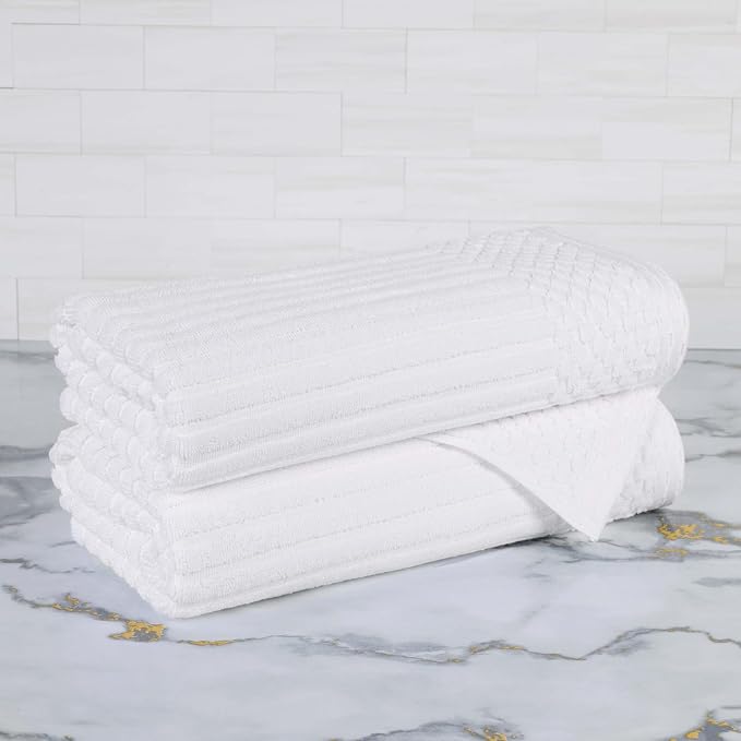 Cotton 2-Piece Solid and Ribbed Bath Towel Set, Bath Towels- 27" x 54", White by Superior