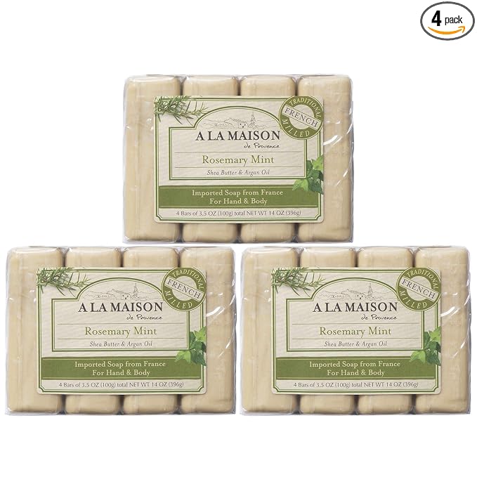 A LA MAISON Rosemary Mint Bar Soap - Triple French Milled Natural Moisturizing Hand Soap Bar (4 Bars of Soap, 3.5 oz)