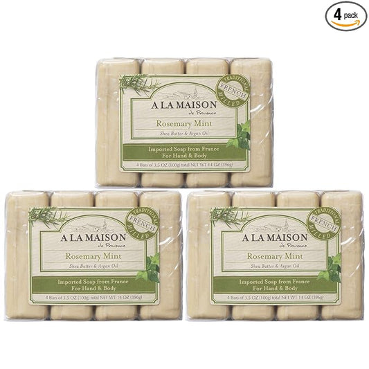 A LA MAISON Rosemary Mint Bar Soap - Triple French Milled Natural Moisturizing Hand Soap Bar (4 Bars of Soap, 3.5 oz)