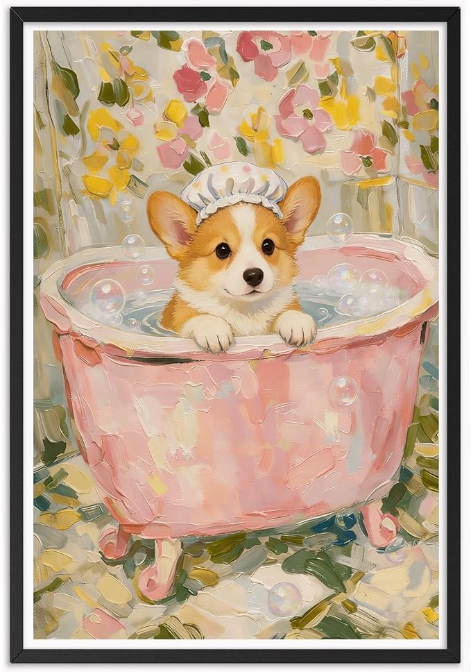 Cute Corgi Bath Time Wall Art Whimsical Floral Bathroom Poster Textured Oil Painting Print of Puppy in Pink Tub Aesthetic Wall Decor for Powder Room Apartment Pet Lover 16X24 in Unframed