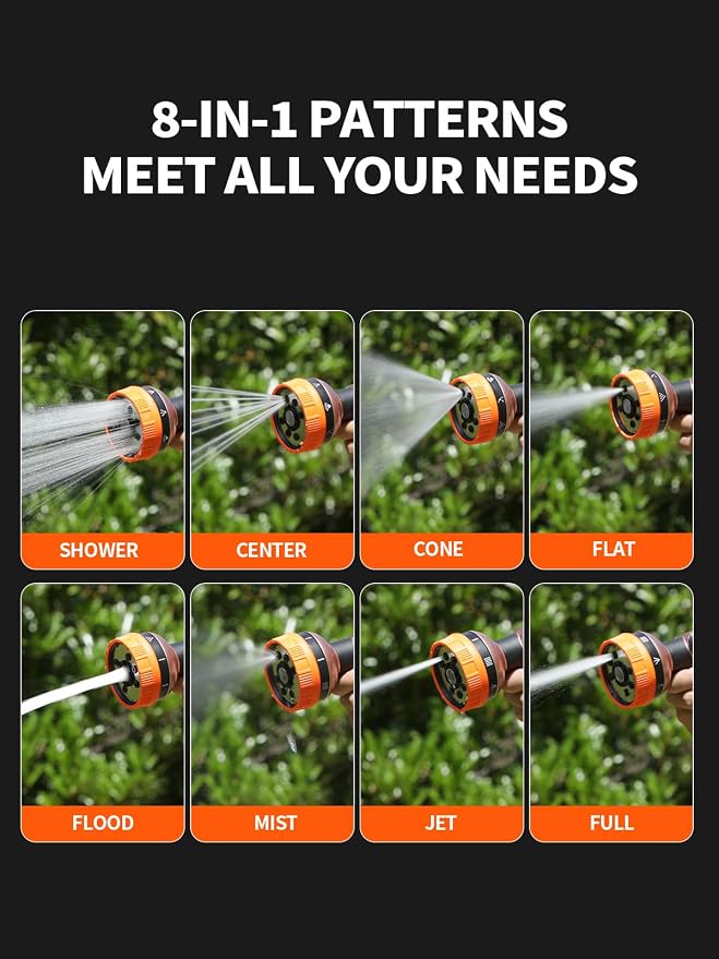 Garden Hose Nozzle, Metal Water Spray Nozzle with 8 Spray Patterns & Thumb Control, Heavy Duty Full Shower Water Nozzle for Lawn & Plant Watering, Car & Pet Washing, Orange