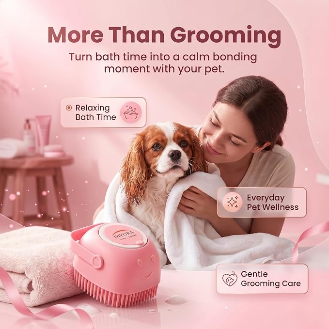 DIYORA Pet Shampoo Brush, 2-in-1 Silicone Bath Brush with Soap Dispenser for Dogs & Cats, Grooming, Massaging, Shedding & Deep Cleaning Tool for Short Hair, Long Hair & Small Pets(Pink)