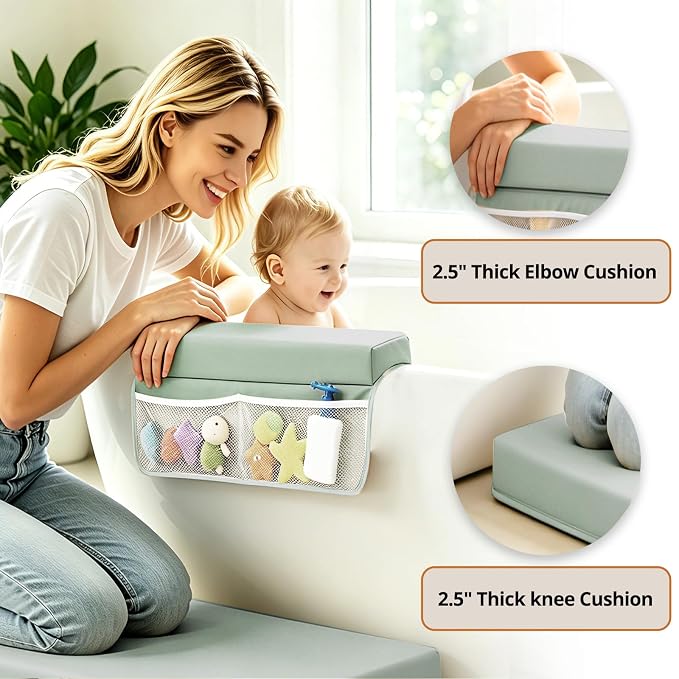 Baby Waterproof Vegan Leather Bath Kneeler and Elbow Rest Pad Set | Thickened Non-Slip Memory Foam Knee & Arm Support Bathtub Mat with Toy Organizer for Infant Toddler Bathing