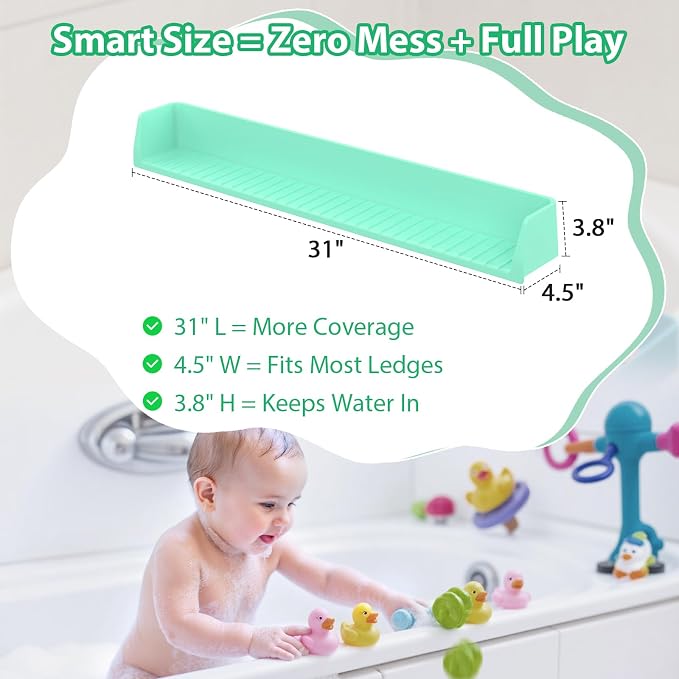31” Bathtub Splash Guard Shelf with Strong Suction Cups, Silicone Tub Water Guard Organizer for Shampoo & Bath Essentials, No-Mess Spill Protection -Green