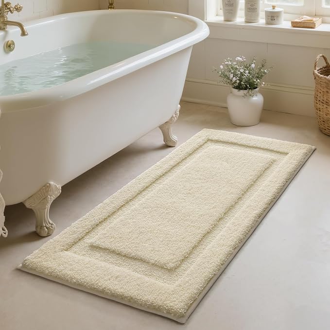 LUMI Ultra Soft Bathroom Rugs Non Slip with Rubber Backing, Absorbent Washable Bath Mat Quick Dry, Upgraded Premium Microfiber Plush Carpet for Bathtub and Shower Floor, Ivory White, 24x60