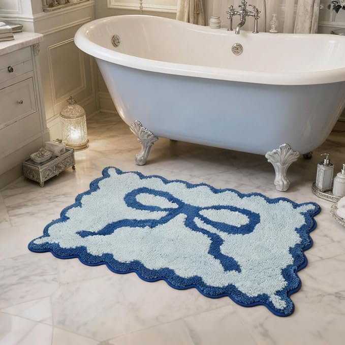 ORTIGIA Cute Blue Coquette Bow Bath Mat, Fun Plush Microfiber Scallop Bathroom Rugs Non Slip Washable Quick Dry Absorbent, Bath Rug Carpet for Shower Stall Vanities Kitchen Floor Entrance, 20x32