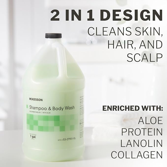 McKesson Body Wash and Shampoo, Cucumber Melon Scent, 1 gal, 4 ct | Bulk Refill Full Body Wash with Aloe