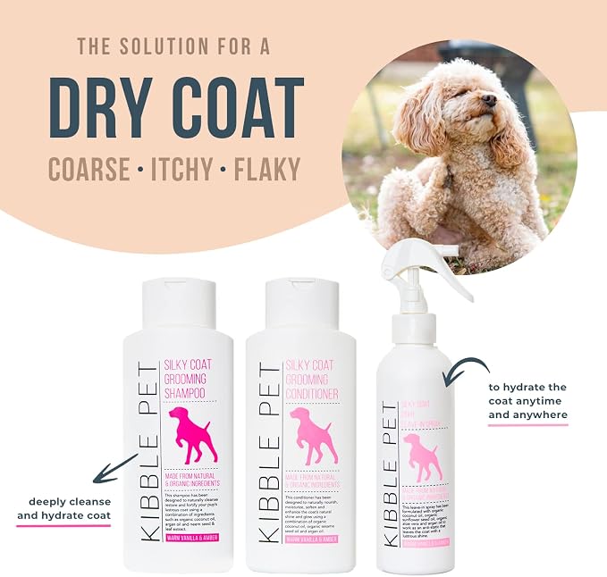Kibble Pet Dog Leave in Conditioner Silky Coat Vanilla Travel Spray 7.1 oz – Portable Mini TSA Approved Pocket Size Glossing Fur Mist with Premium Argan Oil for On-the-Go Grooming