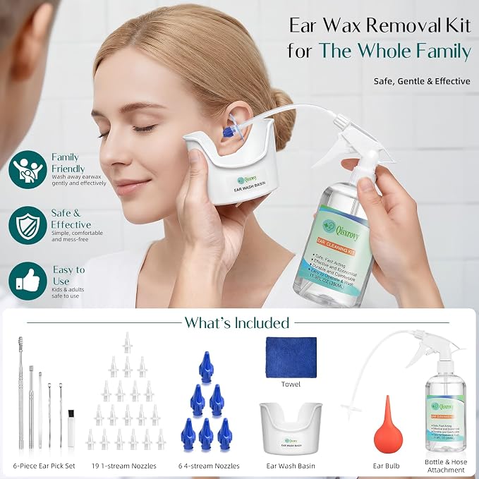 QISXROVY Ear Wax Removal Tool, Ear Cleaning Kits Safe Ear Irrigation Kit Ear Flush Kit for Adults Kid, Ear Wax Washer Device Easy to Operate, Includes Basin, Syringe, 5 Disposable Tips,Transparent