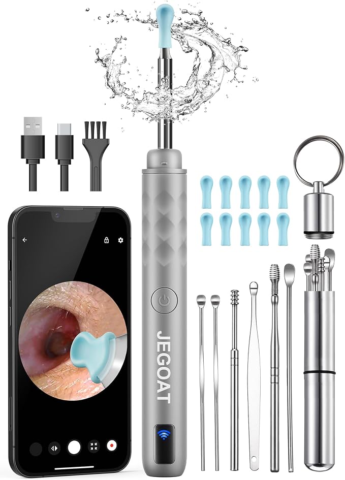 Jegoat Ear Wax Removal, Ear Wax Removal Tool Camera with 1296P HD Camera and 6 LED Lights, Ear Cleaner with 10 Ear Pick, Upgraded Ear Wax Removal Kit for iOS and Android, Gray