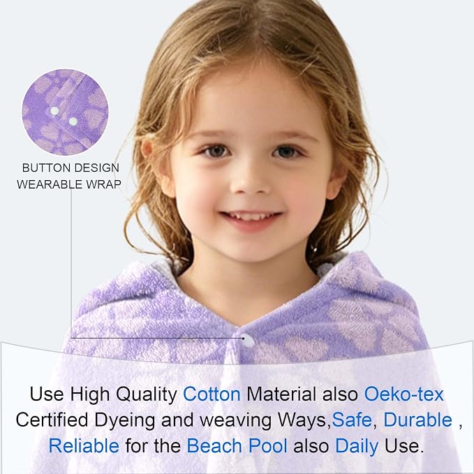 VOOVA & MOVAS Kids Hooded Beach Towel,(3-6 Years),100% Cotton,Absorbent Quick Dry Lightweight Hooded Towel for Pool | Swim | Beach | Bath, Girls Wrap Towel with Hood, Jacquard Purple Flower