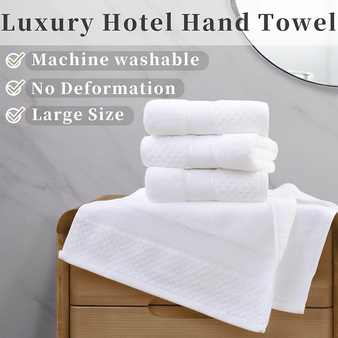 VOOVA & MOVAS White Luxury Hand Towels, Set of 4 – 18"×30", 580GSM, Cotton, Ultra Soft & Plush, Highly Absorbent & Quick Dry, Hotel Quality Towels for Bathroom, Spa, Daily and Travel Use