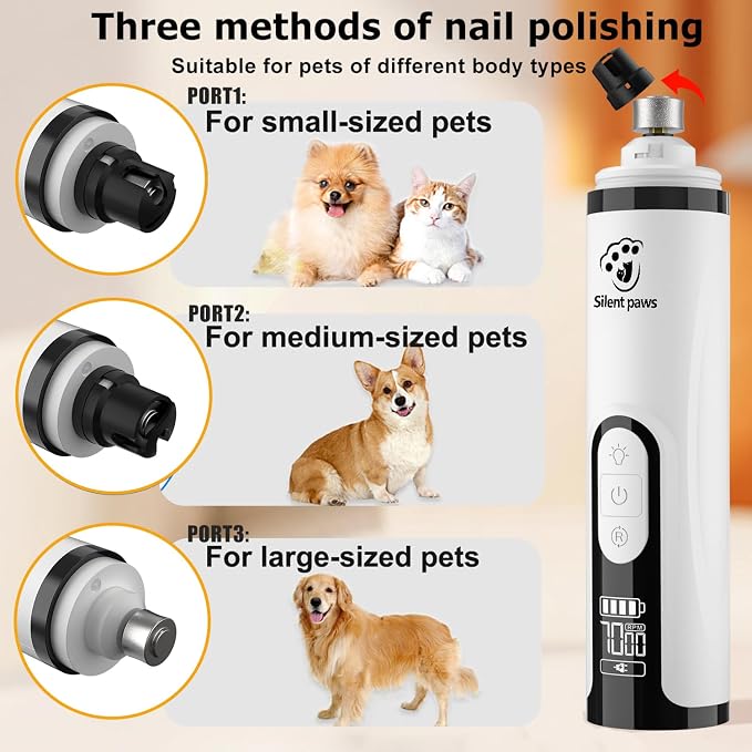 silent paws Quiet Pet Nail Grinder with LCD& Light | Quiet Dog Nail Grinder Suits Sensitive Pets. 3 Speeds Nail Trimmers for Small to Large Dogs ,Cats and Other Animals.