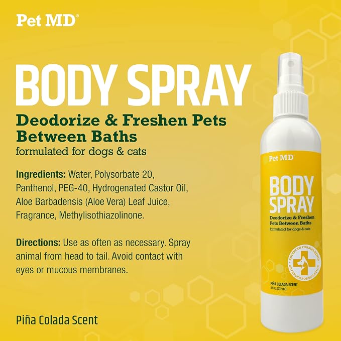 Pet MD Body Spray for Dogs & Cats - Deodorizing Dog Perfume Reduces Static & Eliminates Odor - Long Lasting Pet Cologne Spray for Dogs - Pina Colada Scent - 8 oz