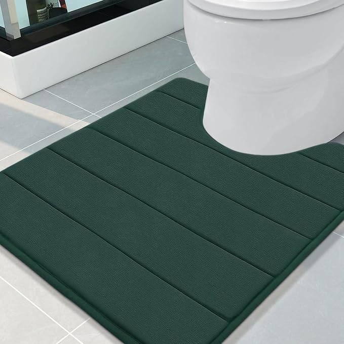Buganda Memory Foam U-Shaped Contour Toilet Rugs, Absorbent, Thick Soft Washable Bathroom Mat, Floor Carpet Bath Rugs Mat for Toilet Base (24" x 20", Dark Green)