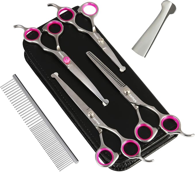 Dog Grooming Scissors Set, 4CR Stainless Steel Safety Round Tip Pet Professional Grooming Tool 5 Pieces Kit - Straight, Curved, Thinning Shears & Comb for Dogs, Cats and Other Animals