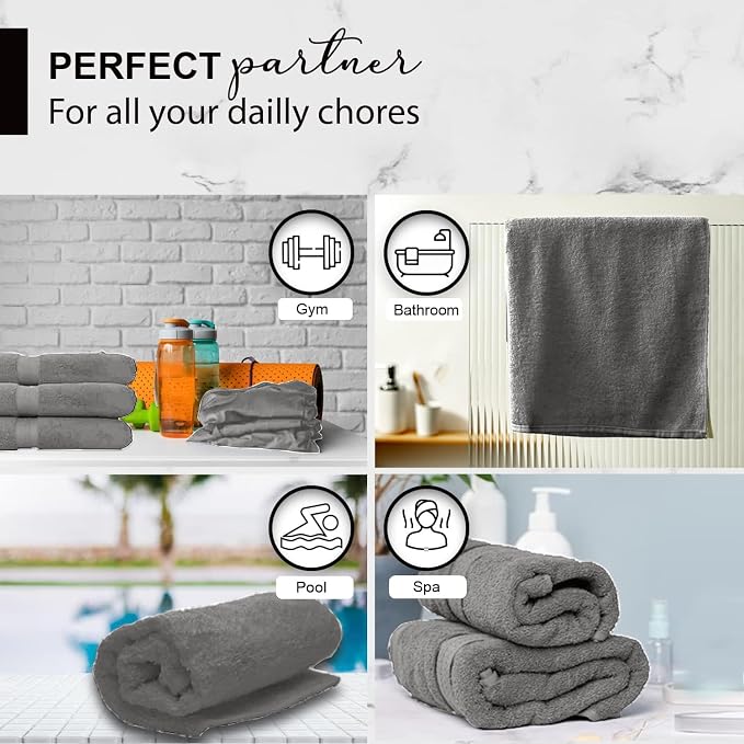 KAHAF COLLECTION 100% Cotton Bath Towels, 24x48 Pack of 6 Towels, Quick Dry, Highly Absorbent, Soft Feel Towel, Gym, Spa, Bathroom, Shower, Pool, Luxury Soft Towels (Light Grey, 24x48-6 Pack)
