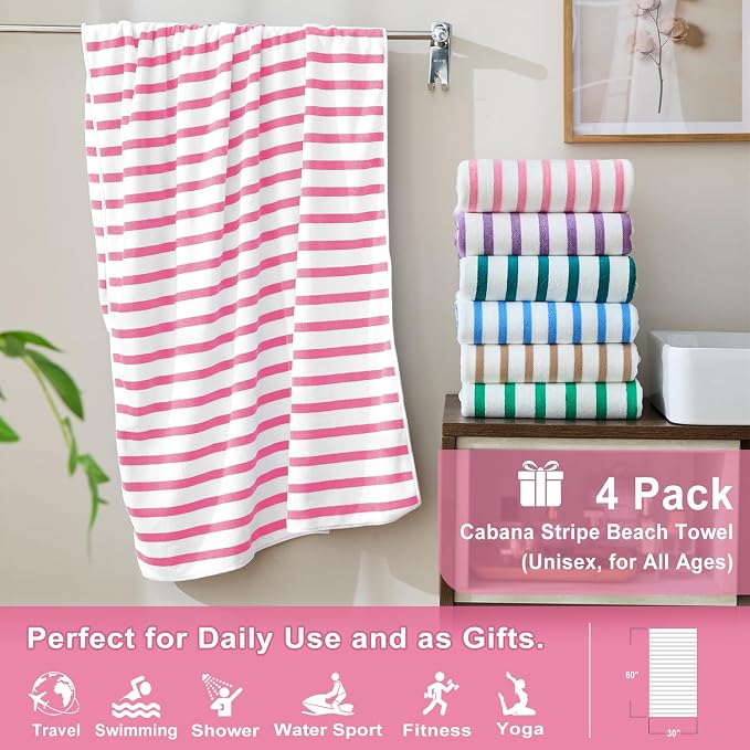 JML Beach Towels, 4 Pack, 30" x 60", Large Microfiber Bath Towel Set, Cabana Stripe, Absorbent, Quick Dry for Salon, Sauna, Hotel, Travel, Sport, Swimming, Pool, Yoga, Camping, Stripe Pink White