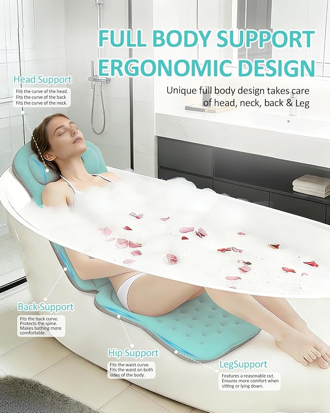 Full Body Bath Pillow for Bathtub, 5D Thick Tub Pillow for Bathtub with 192 Non-Slip Suction Cups, Laundry Bag & Hook, Bathtub Pillow for Head, Neck & Back Support (Green, 51"*15")