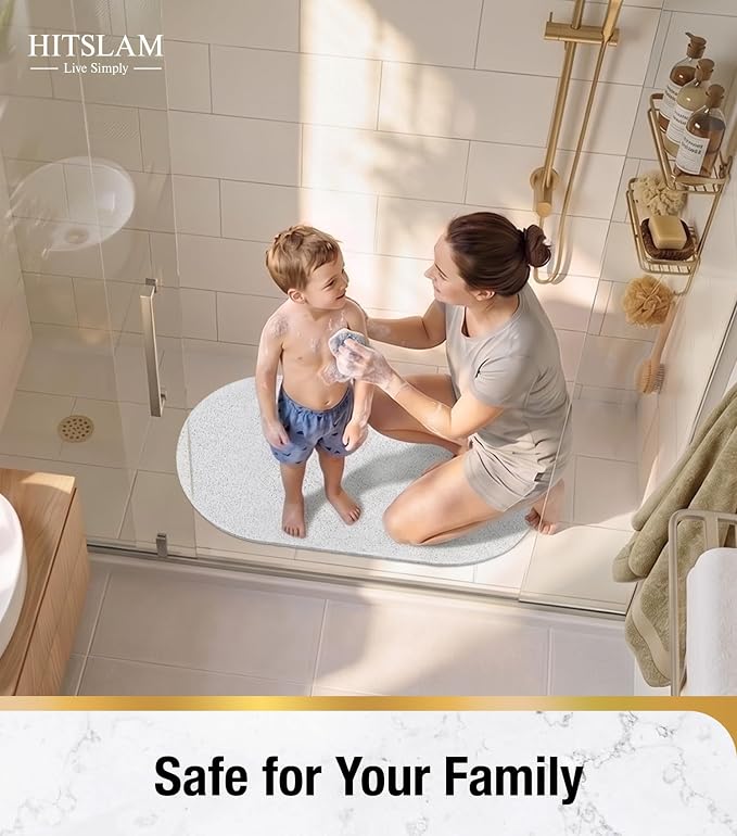 HITSLAM Oval Loofah Shower Mat Non Slip, 27x16 Inch, White | Bath Mat for Textured Tub & Inside Shower Stall, No Suction Cups Quick Drying PVC Porous Floor Mat, Soft Foot Exfoliating