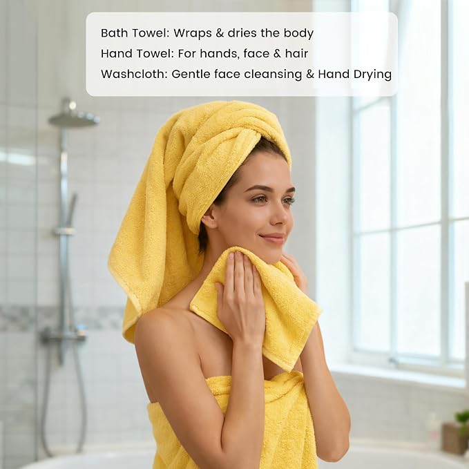 12-Piece Cotton Bath Towel Set with Hanging Loops for Bathroom, Yellow | Balanced towel set for family showers, sink-side use, guest baths, and wash-day rotation, OEKO-TEX certified, easy care