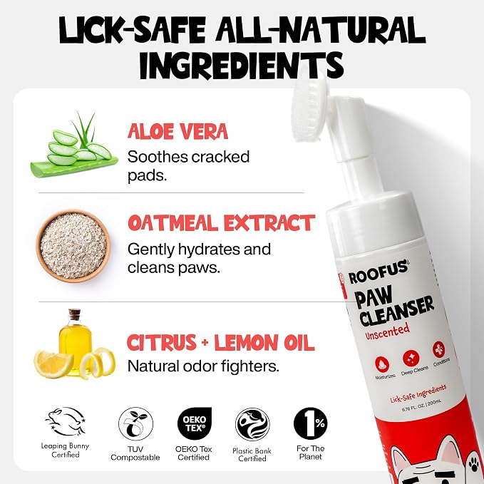 Dog Paw Cleaner for Dogs & Cats, No Rinse Foaming Paw Wash with Silicone Brush, Gentle Unscented Foam Cleanser for Muddy, Dirty Paws, Cleans Between Toes, No Water Needed (5 fl oz)