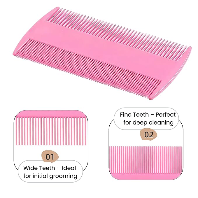 MEDUWEDU 5 Pack Flea & Lice Comb Set for Cats, Dogs & Kids – Stainless Steel Fine Tooth Nit Comb Kit with Double-Sided Tear Stain Remover, Grooming Brush & Peine para Piojos for Thick Hair (Pink)