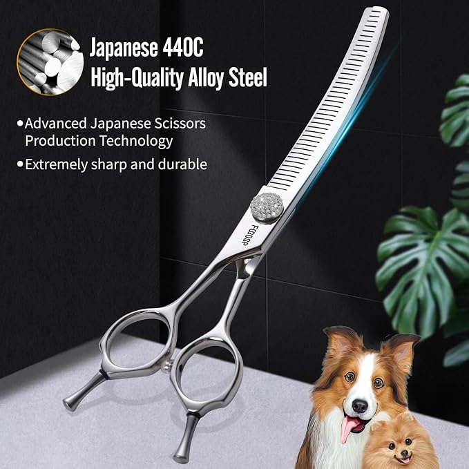 Professional Left Handed Curved Comb Thinner Dog Grooming Scissors 7.0'' Curved Thinning Shears for Dogs Pet 56 Teeth 50% Thinning Rate Japan VG10 Sharp and Durable