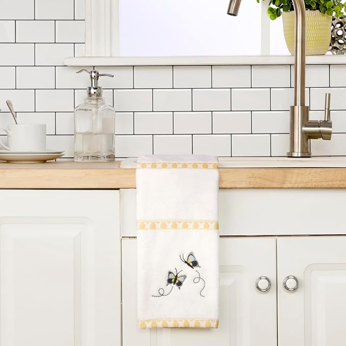 SKL Home Dancing Butterflies 100% Cotton Embroidered 2pc Hand Towel Set, Decorative for Bath/Kitchen/Bar & Gift, White